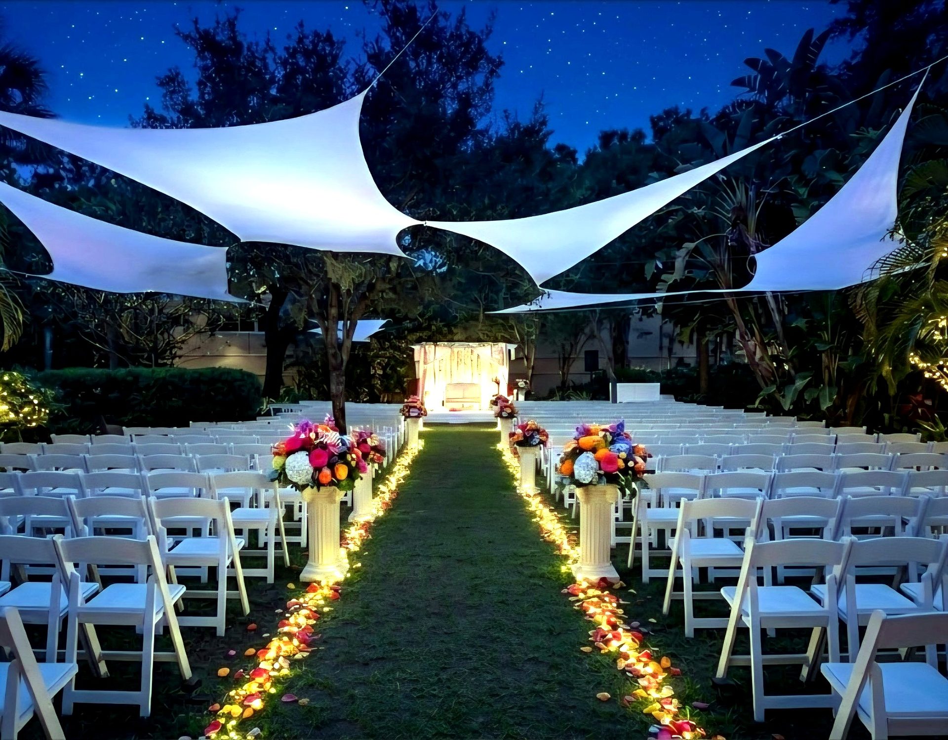 Entryway / arch decor — ceremony shade sails under a real night sky, by Altitude Event Design and Decor, Tampa Bay