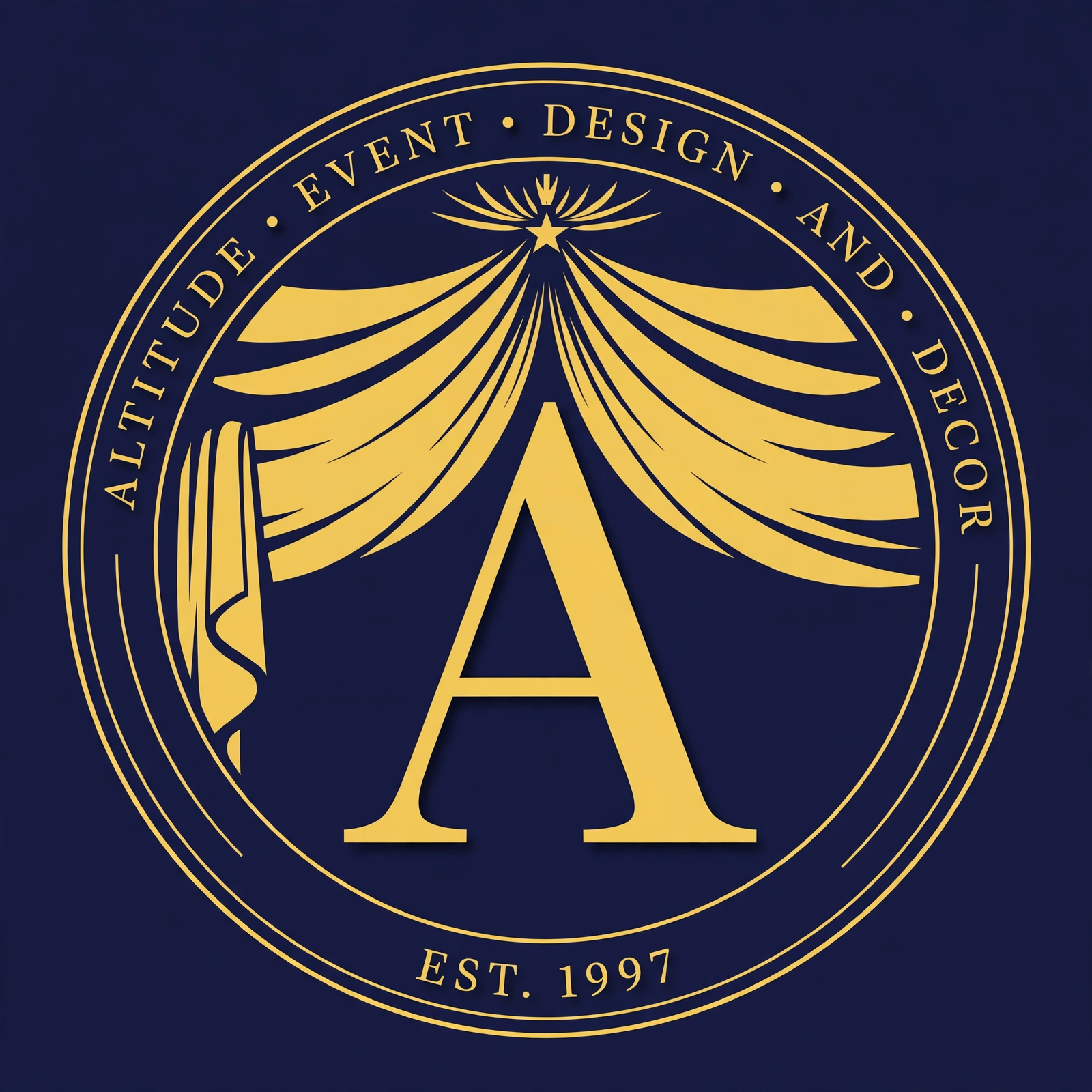Altitude Event Design and Decor — navy and gold badge logo, canopy seal, EST. 1997