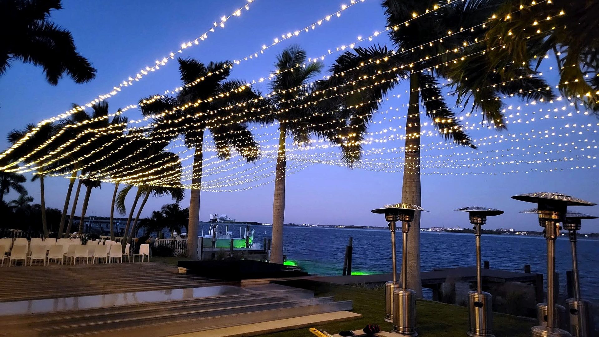 Twinkle and market lights — poolside canopy lights at twilight, by Altitude Event Design and Decor, Tampa Bay