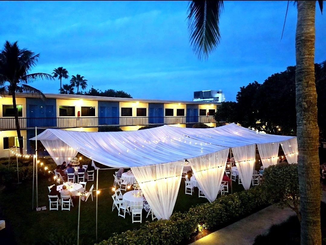 Ceiling drapery — sheer tent canopy drape at dusk, by Altitude Event Design and Decor, Tampa Bay