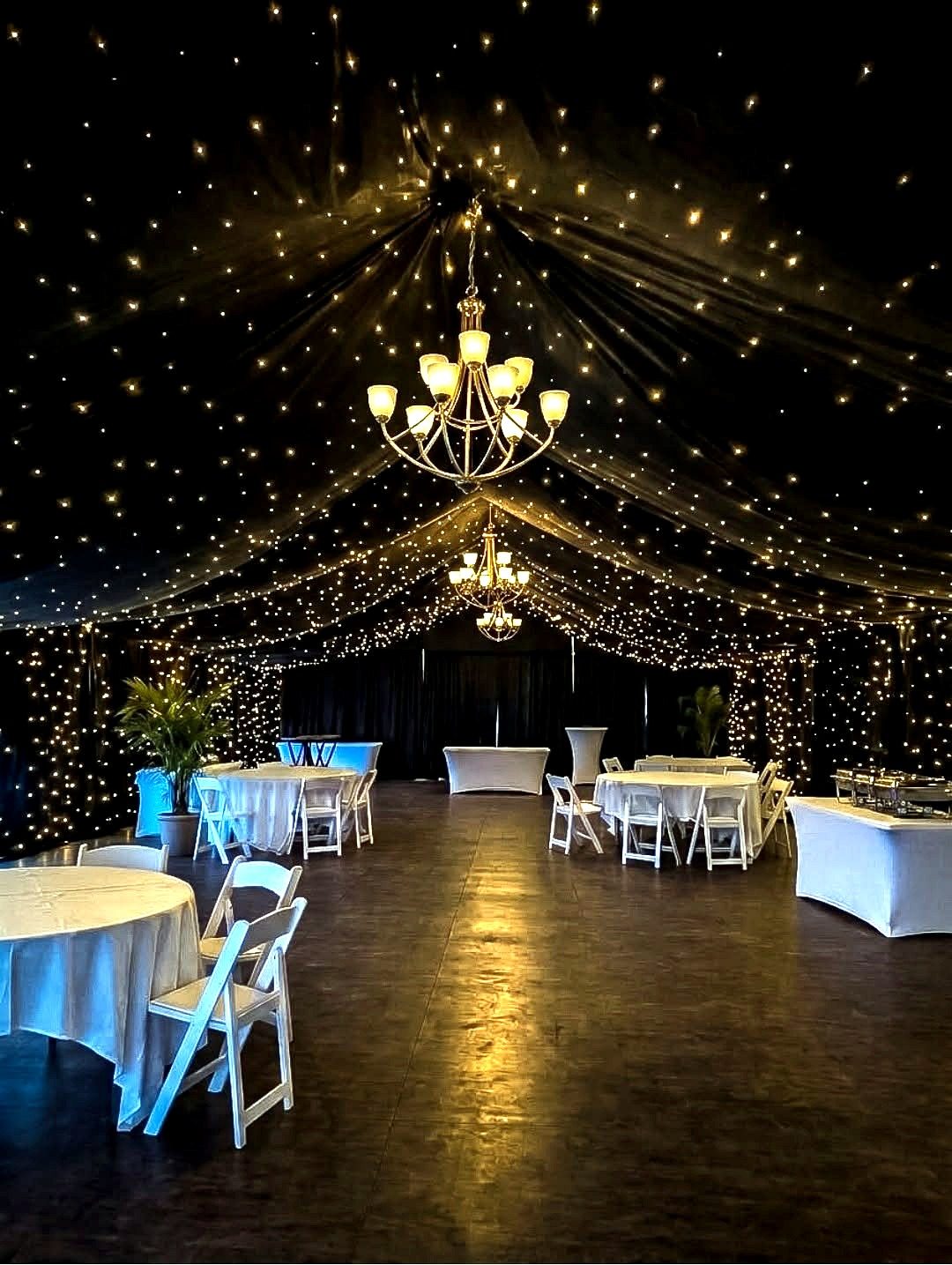 Starry Night ceiling — starlit drape panels glowing over the reception, by Altitude Event Design and Decor, Tampa Bay