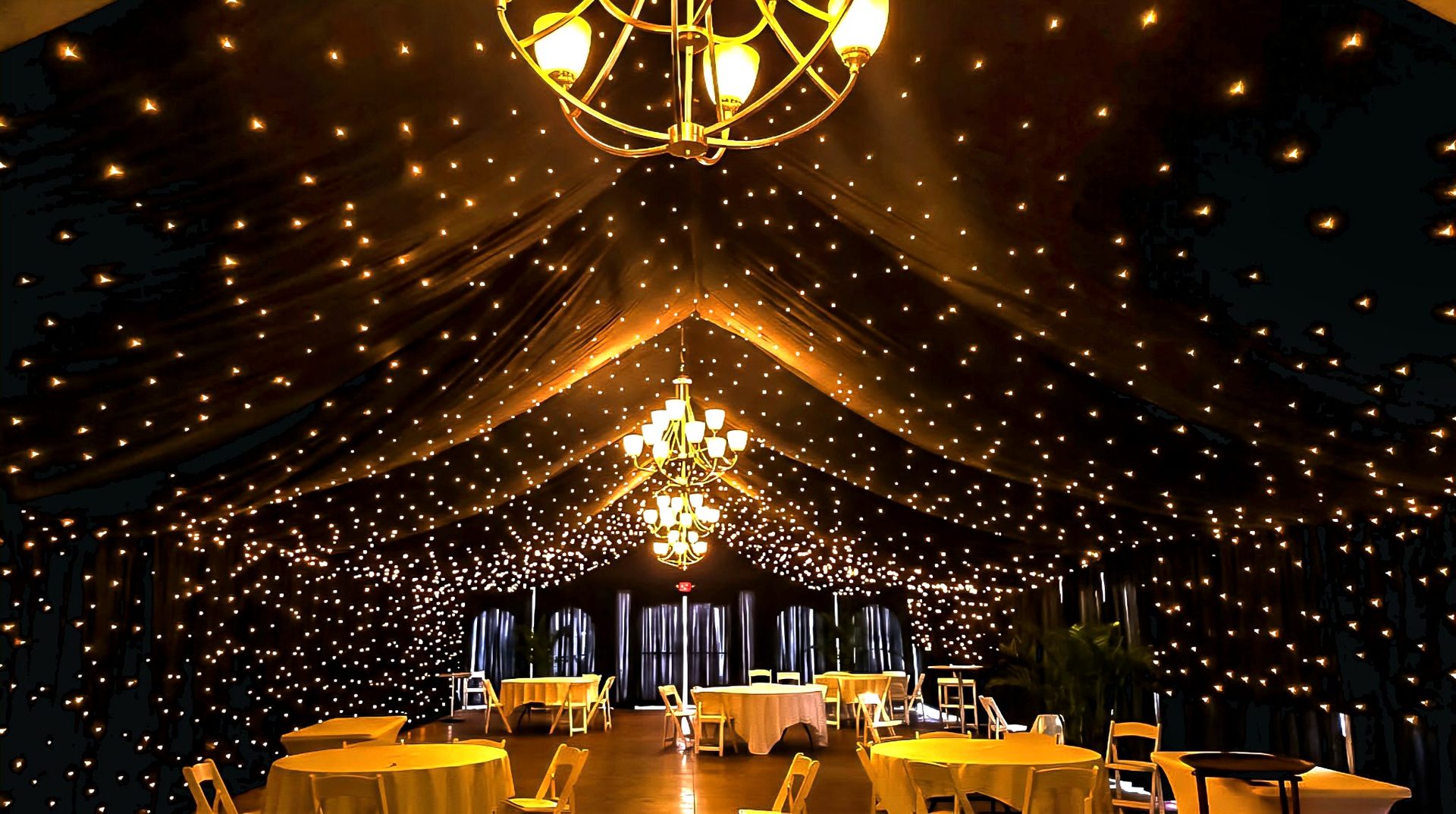 Starry Night ceiling — glowing over a tent reception, by Altitude Event Design and Decor, Tampa Bay