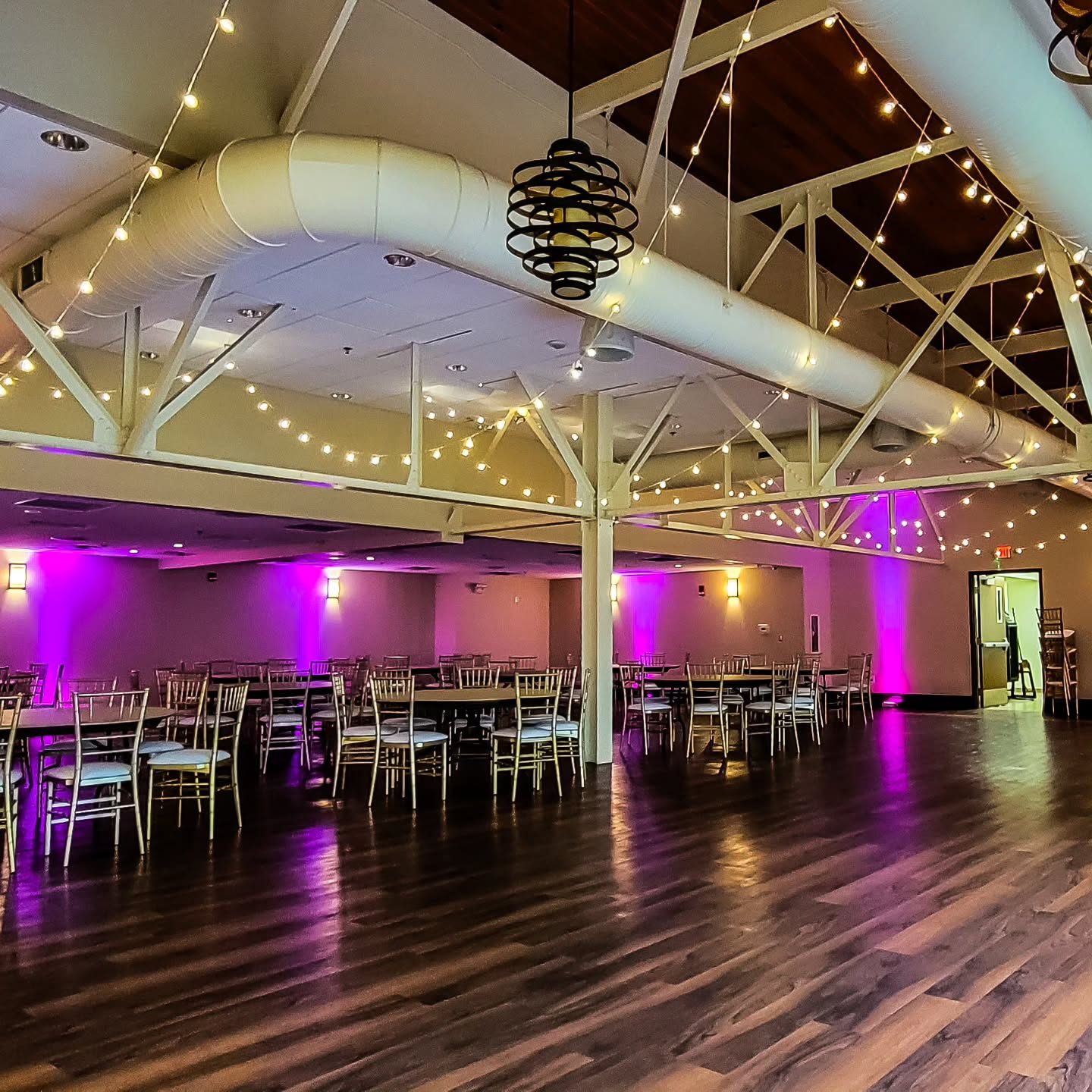 Uplighting — market lights overhead with a fuchsia uplight wash over a reception, by Altitude Event Design and Decor, Tampa Bay